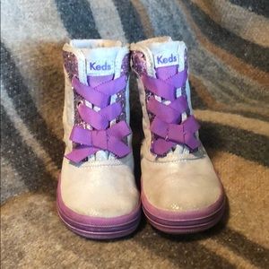 KEDS little girls silver and purple sparkly boots
